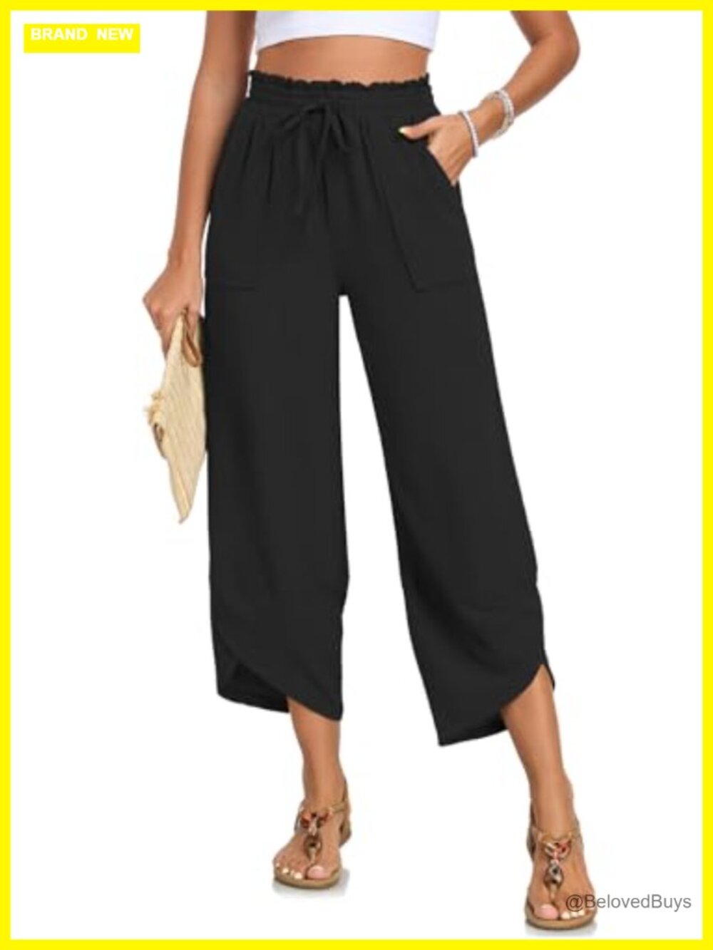 Women's Wide Leg Capri Pants High Waist Cropped Palazzo Pants with Pockets